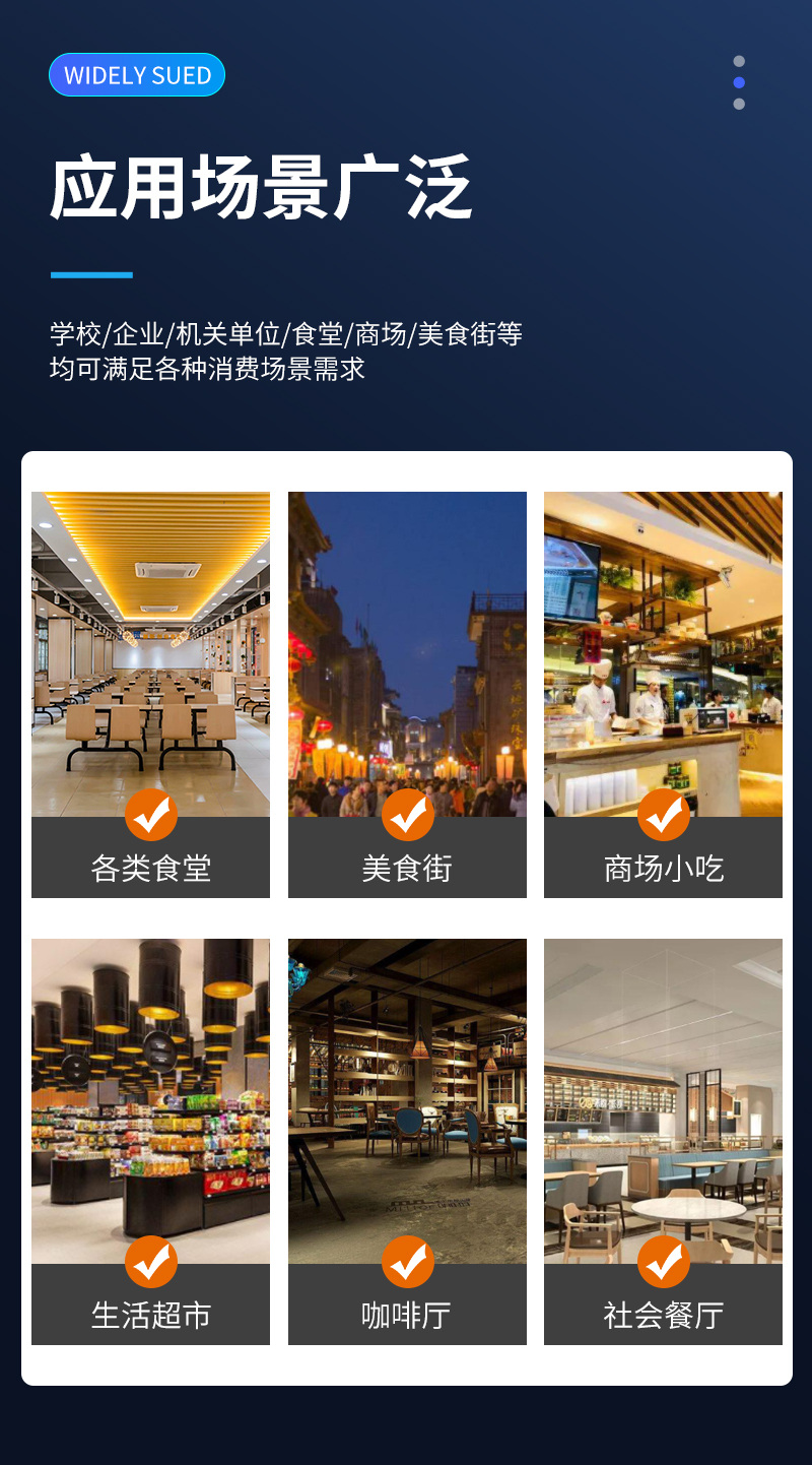 應(yīng)用場景廣泛,學(xué)校、企業(yè)、機關(guān)單位、食堂、商場、美食街等,均可滿足各類消費場景需求